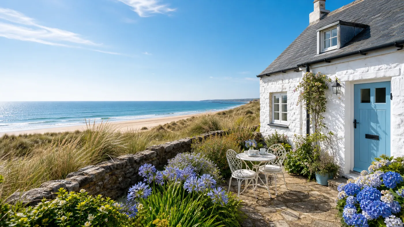 Whitewashed coastal cottage overlooking a sandy beach