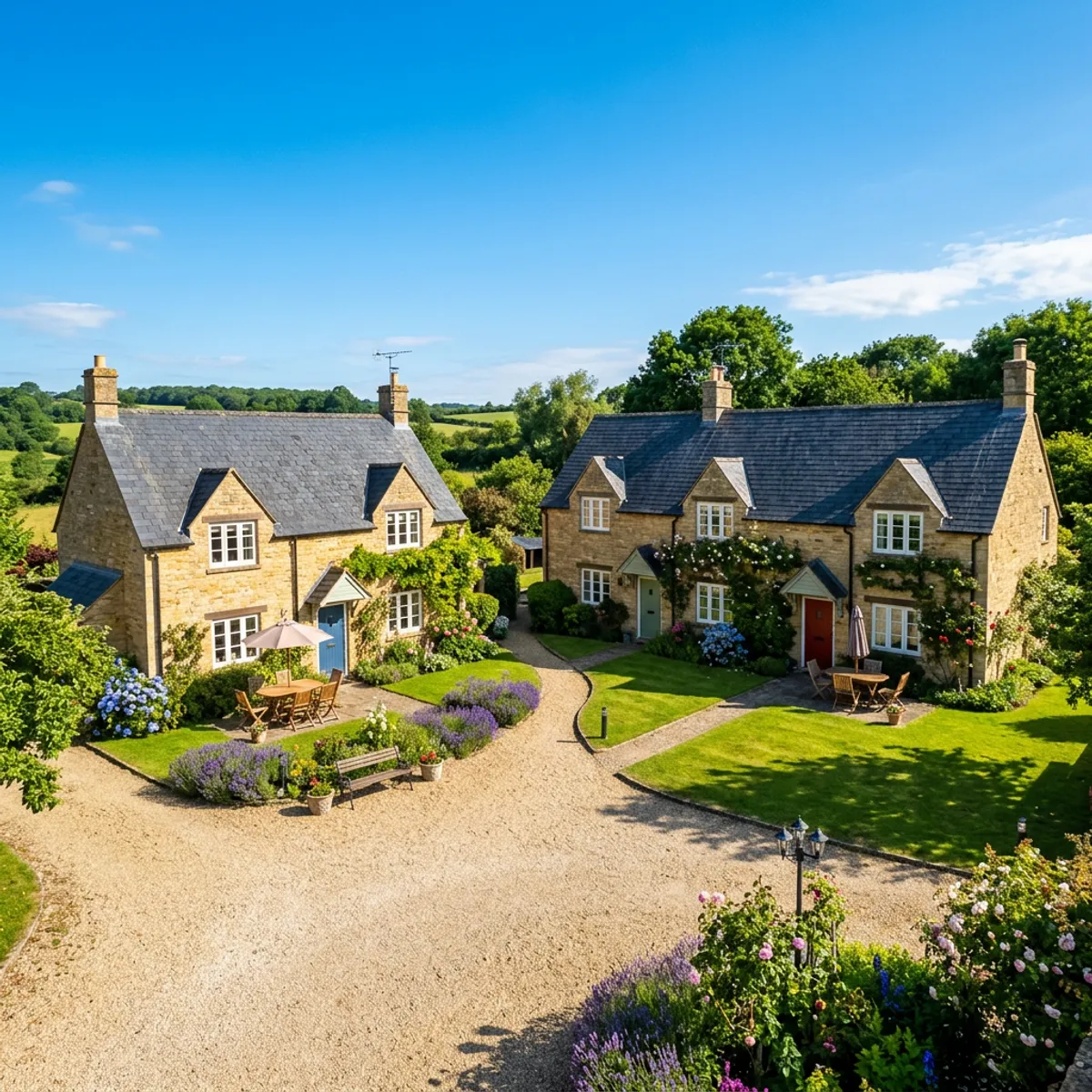 A pair of stone holiday cottages with gardens