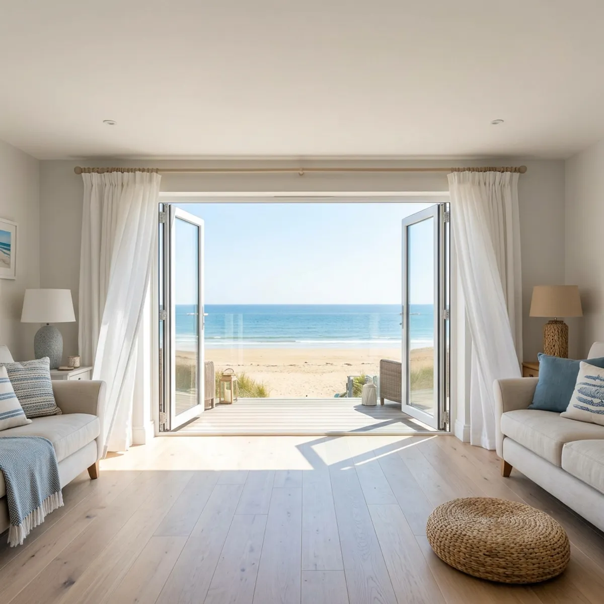 Bright holiday-let living room opening onto a beach