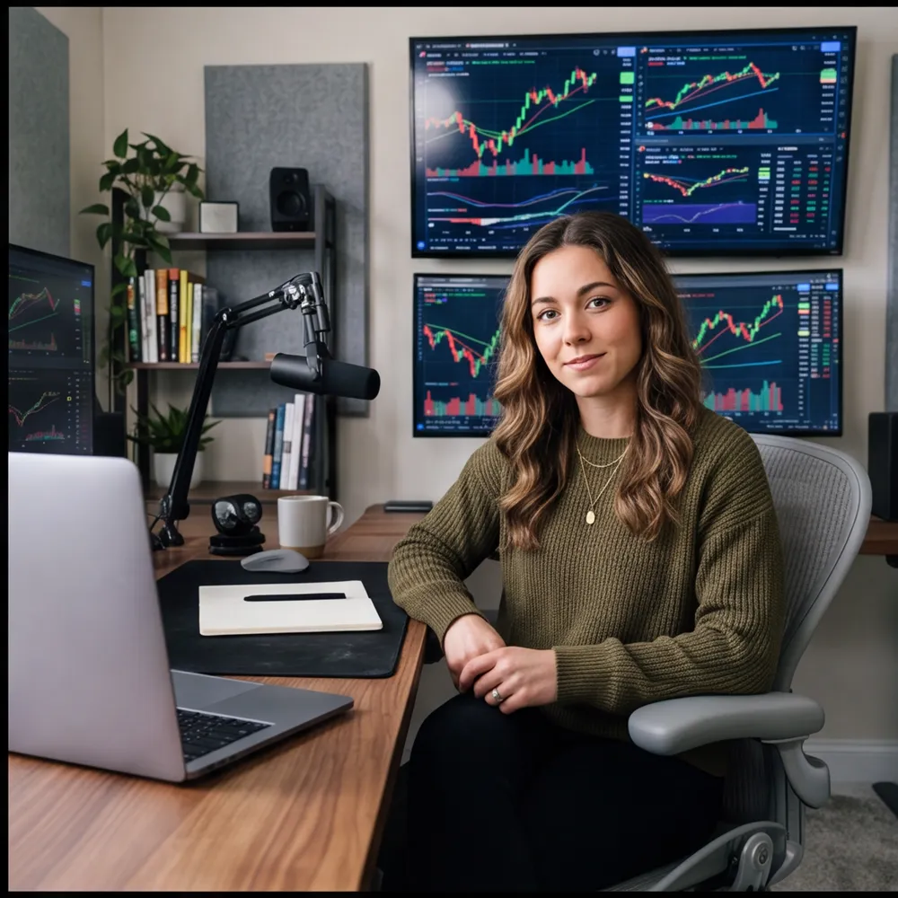 A community owner in her studio, chart monitors behind her