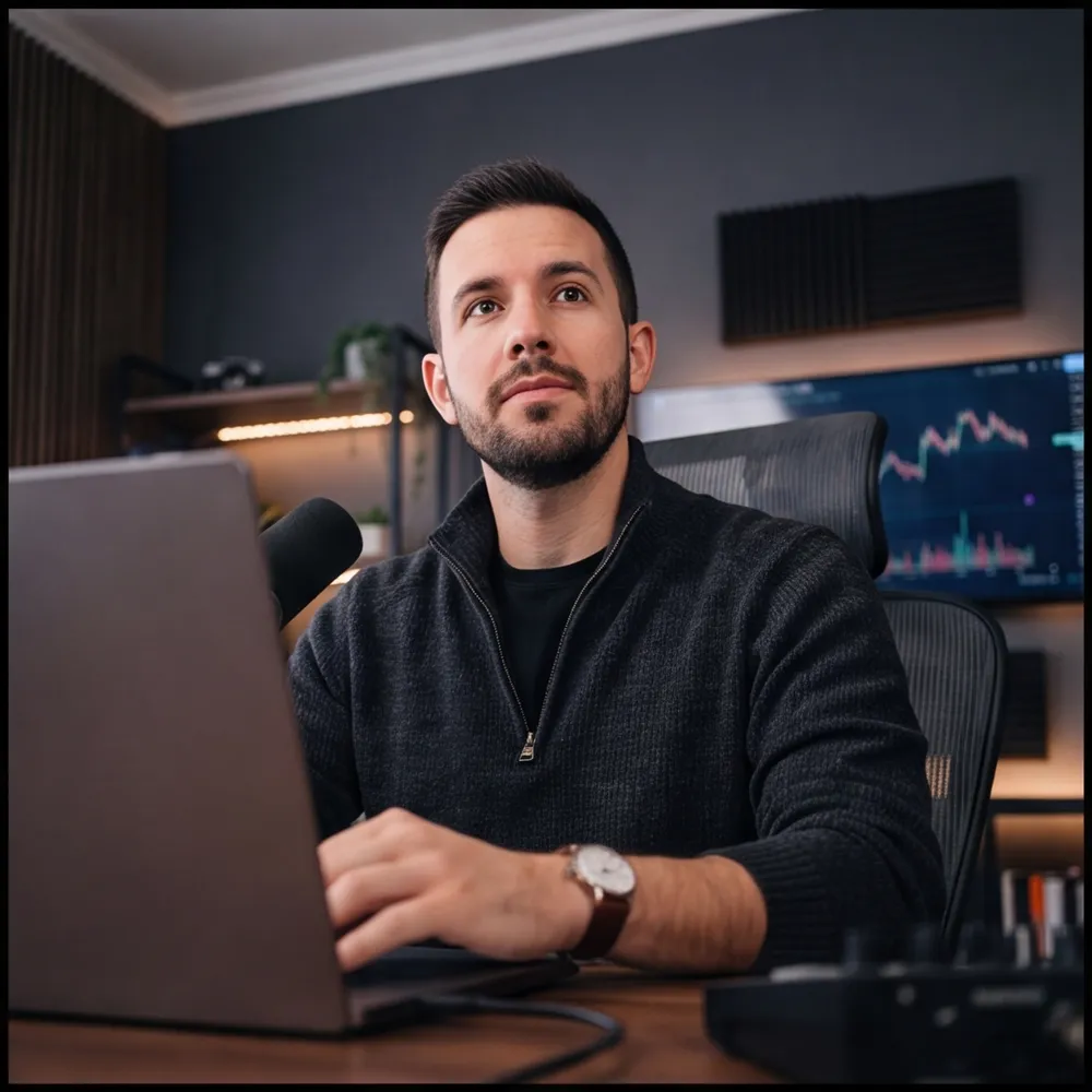 A community owner at his studio desk, chart monitors behind him