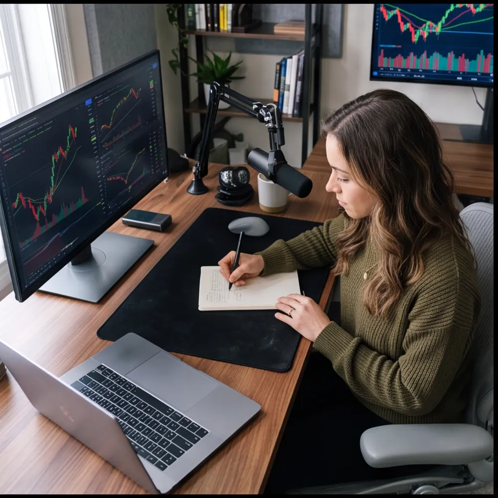 A community owner writing notes at her desk, charts on the monitor beside her