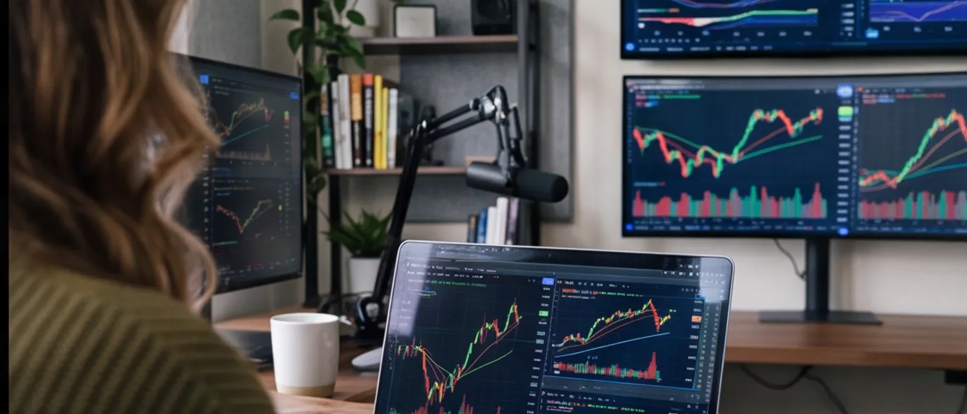 A community owner at her desk, charts across her laptop and monitors