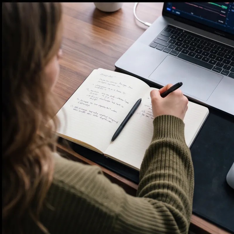 Notes written by hand in a notebook beside a laptop