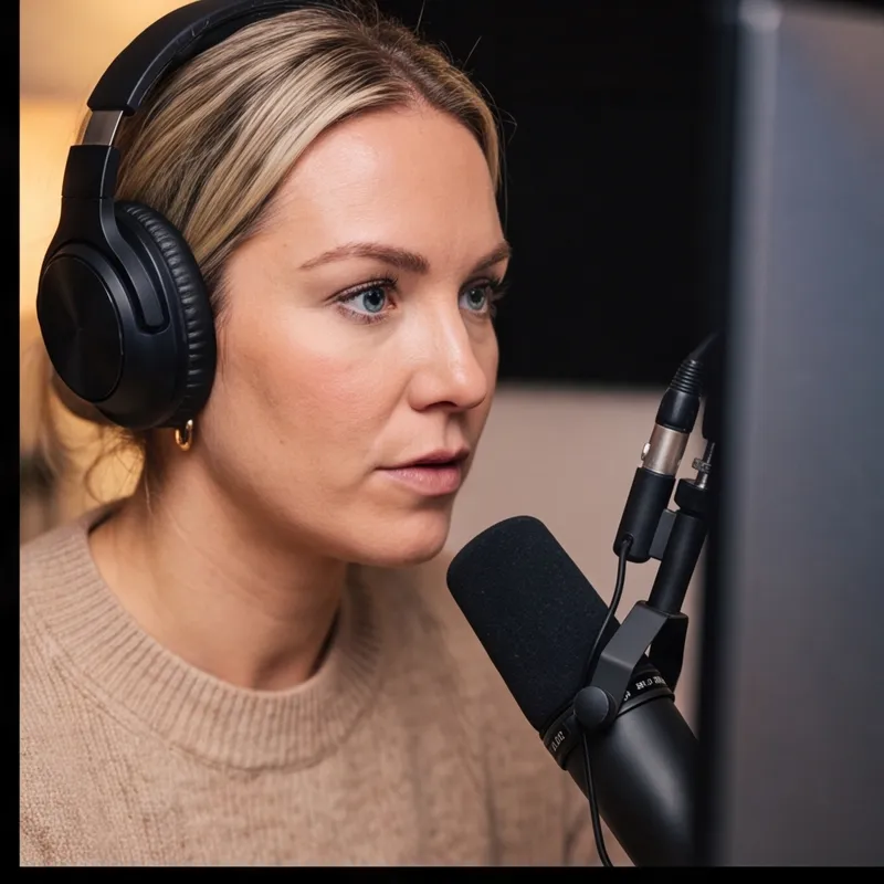 A community owner at her microphone, headphones on, mid-broadcast