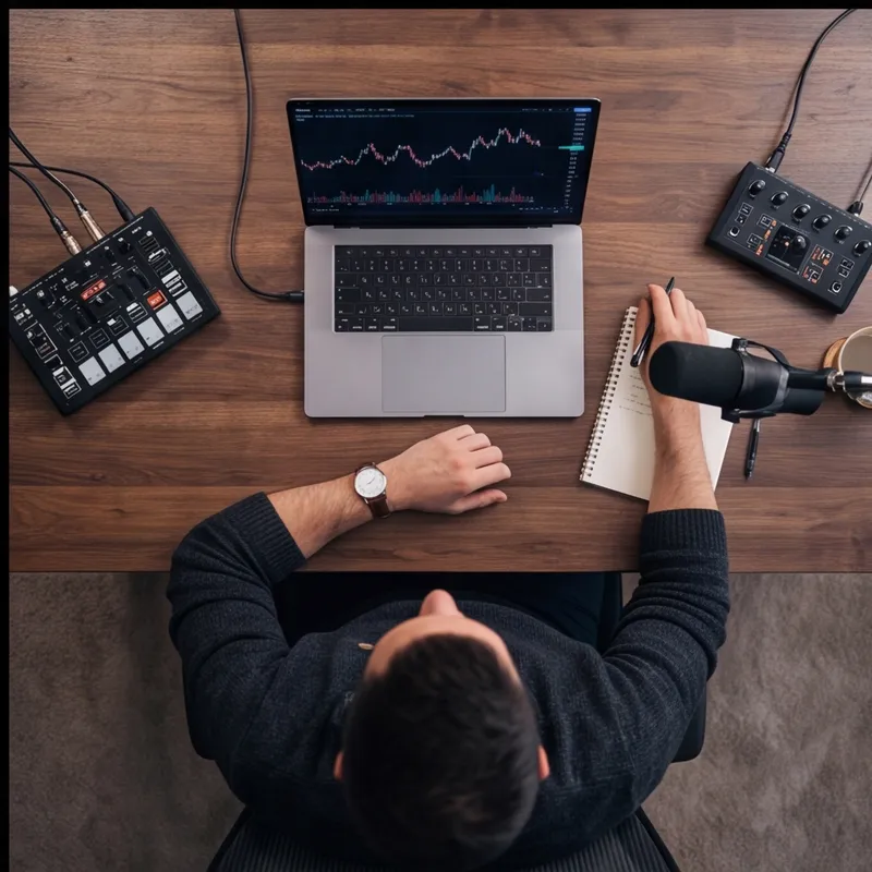 A desk from above — laptop, recorder and notes spread across it
